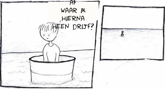 Een jongen drijft in een vat op zee en vraagt zich af waar hij hierna terechtkomt.