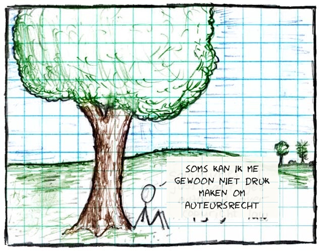 Onder een boom bekent een stickfigure dat hij zich soms gewoon niet druk kan maken om auteursrecht.