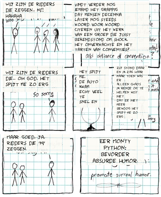 Een strip hekelt het eindeloze citeren van Monty Python, waarna de humor omslaat in een veel te lange schuldbekentenis.