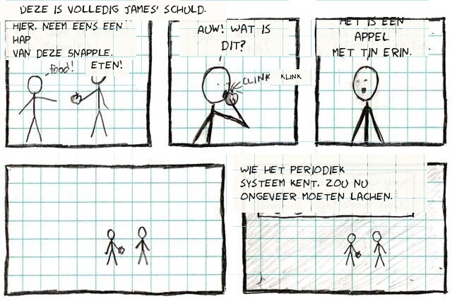 Een flauwe scheikundegrap laat iemand in een drankje bijten dat eigenlijk een met tin verrijkte appel blijkt te zijn.