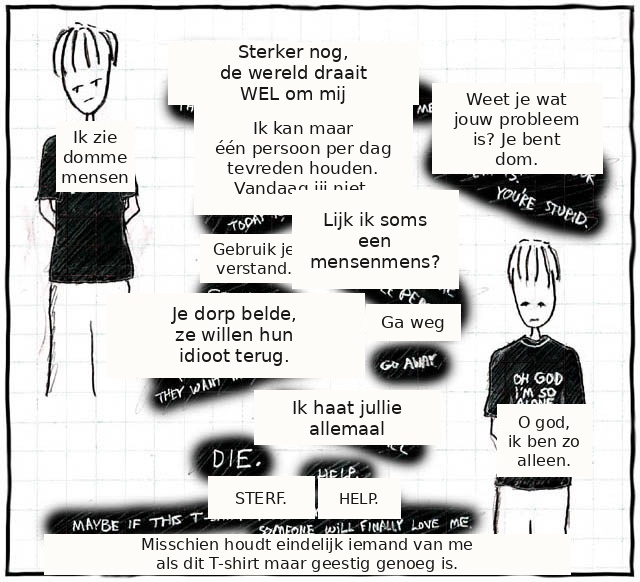 Een reeks botte T-shirtteksten eindigt in een pijnlijke bekentenis van eenzaamheid.